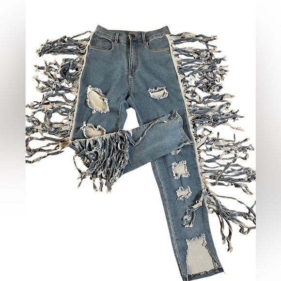 Daisy Distressed Fringe Detail Blue Jeans Size Small - Picture 9 of 16